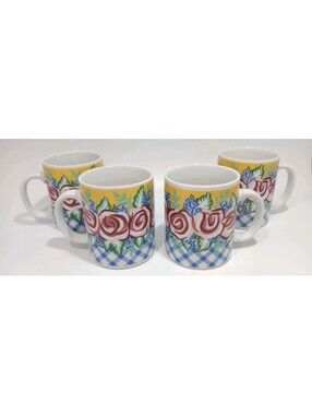 Set of 4 Cordon Bleu 12 oz D-handle  Coffee Mugs Cups Roses Buffalo Check